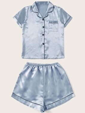 Silky Short-Sleeve women Shirt Light Silver Contrast Trim DF initials xs